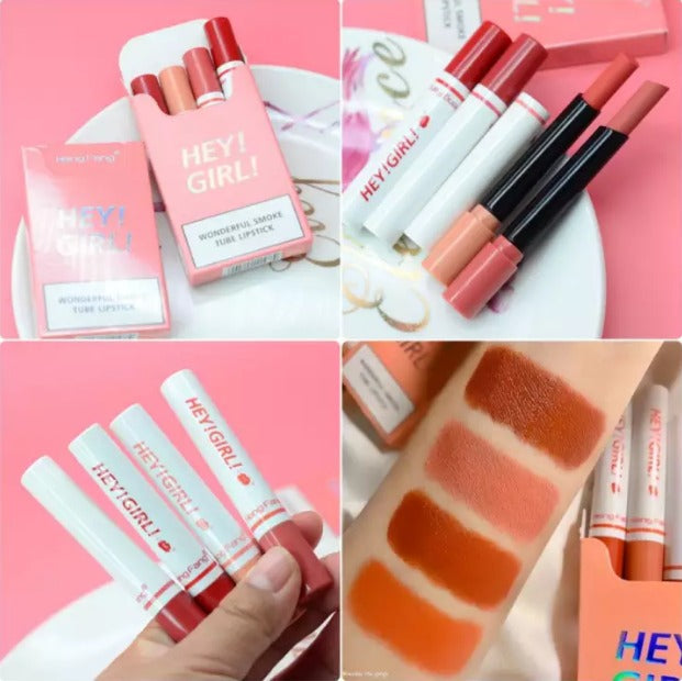 4-in-1 Trending Lipstick Set – Cigarette-Shaped Matte Lipsticks, Long-Lasting, Easy to Apply, Non-Sticky & Fade-Resistant Lip Gloss for Makeup Lovers