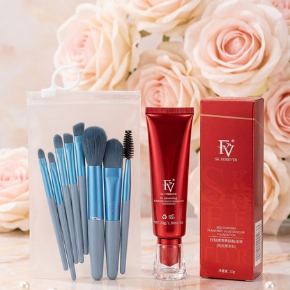 Ivory Shade FV Foundation With 8 Pcs Makeup Brush Set – Full Coverage Face Makeup Kit For Women