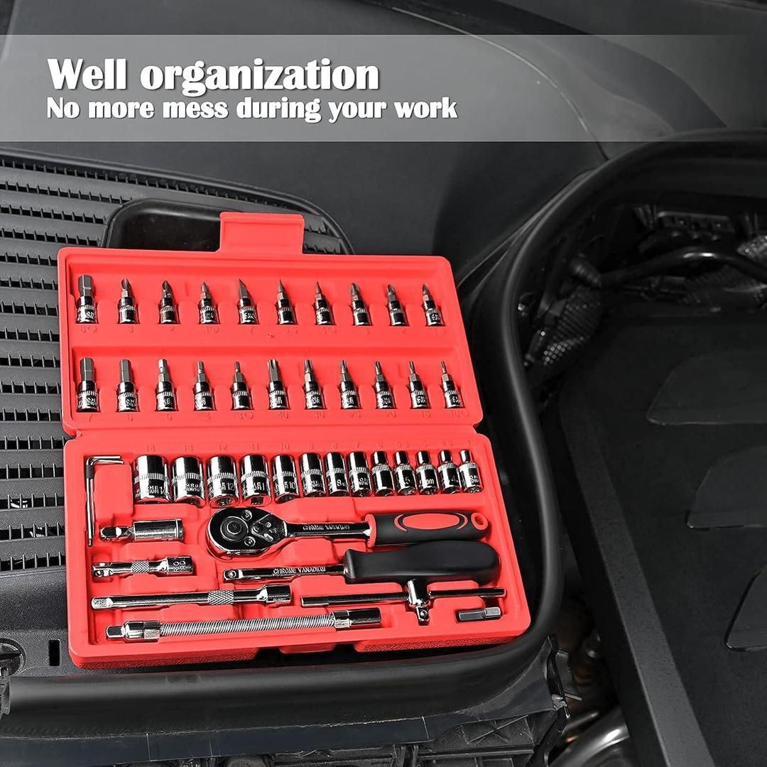 46 Pcs Socket Wrench Tool Set with Storage Case Perfect for Mechanical, Automotive, And DIY Home Repair Tasks